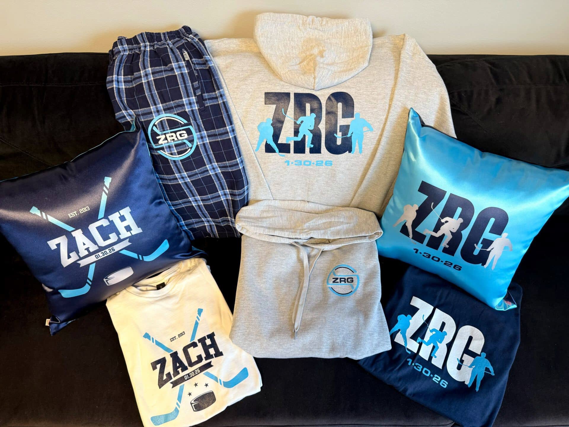 Custom branded sweatshirts, pillows and bags