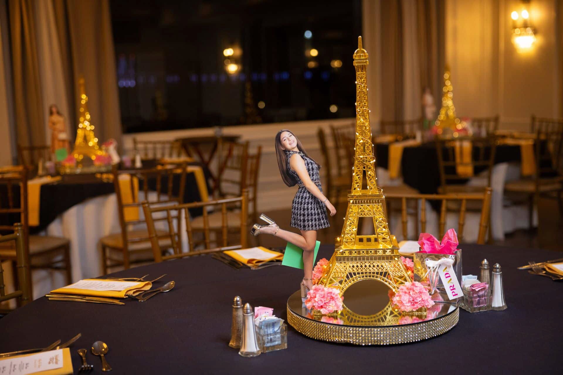 Eiffel Tower centerpiece on a dressed table