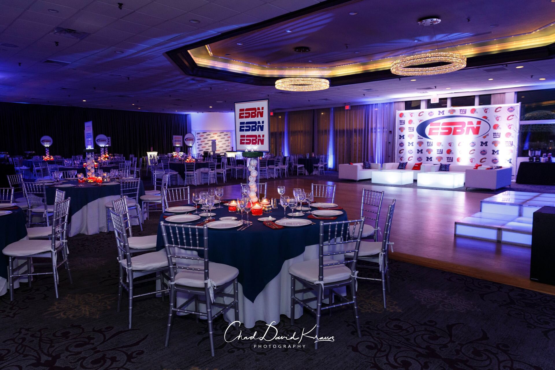 Sports-themed ballroom with an ESBN stage and step-and-repeat